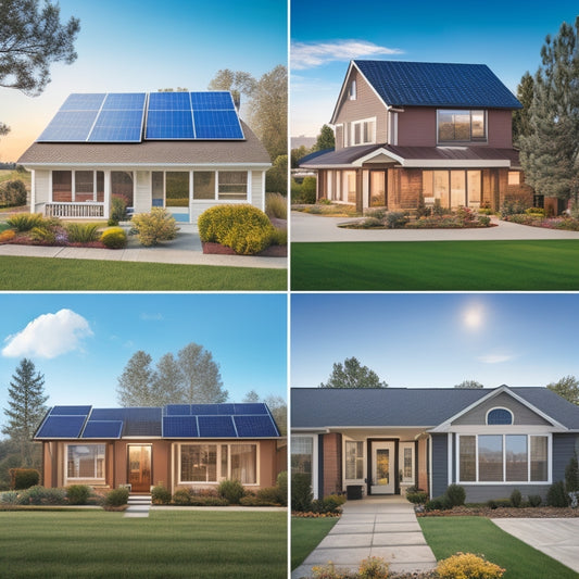 A serene suburban neighborhood with three houses, each with a different solar panel installation: one with a small array on a single-story roof, one with a larger setup on a two-story roof, and one with a sleek, modern design.