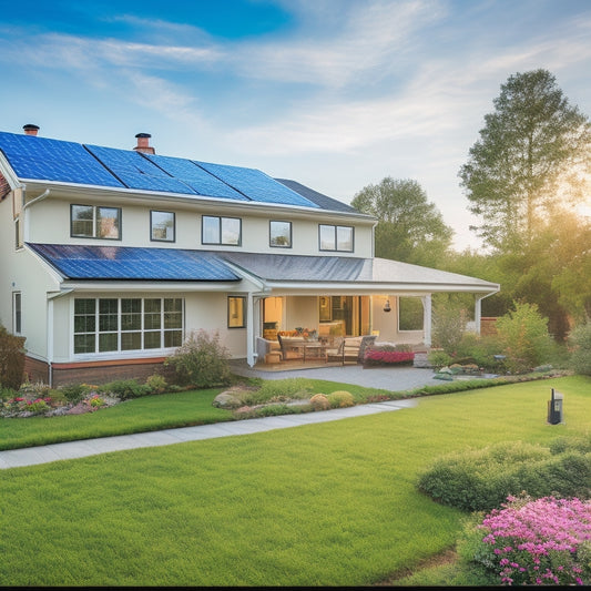 A cozy suburban home with solar panels on the roof, wind turbines in the background, and a lush garden. Bright sunlight illuminates the scene, highlighting green energy solutions and eco-friendly living.