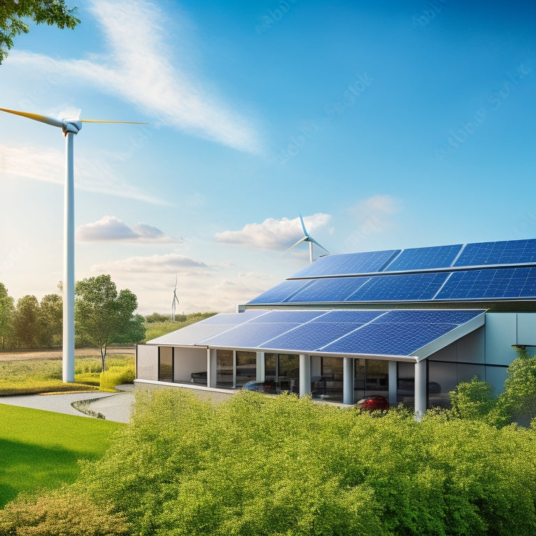 A modern commercial building adorned with solar panels on the roof, surrounded by lush greenery and wind turbines in the background, symbolizing sustainable financing and clean energy solutions in an urban landscape.