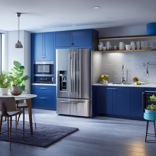 A modern kitchen showcasing various energy-efficient appliances: a sleek refrigerator, a dishwasher with energy star label, a ceramic cooktop, and LED lighting, all set against a backdrop of a stylish, eco-friendly workspace.