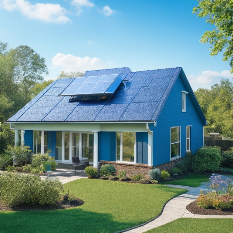 A serene suburban home with a mix of blue and brown roof tiles, partially covered with sleek black solar panels, surrounded by lush greenery and a bright blue sky with a few white puffy clouds.