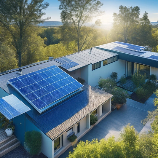 A rooftop adorned with sleek, blue solar panels under a bright sun, surrounded by green trees and a clear blue sky, showcasing a modern home with energy-efficient features and a vibrant garden.