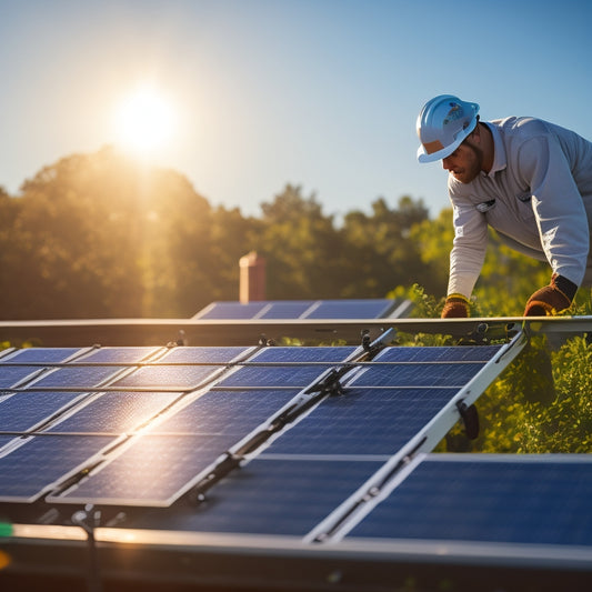A close-up of a person inspecting solar panels on a sunny rooftop, holding tools, with a clear blue sky in the background, and green trees framing the scene, emphasizing sustainability and maintenance.