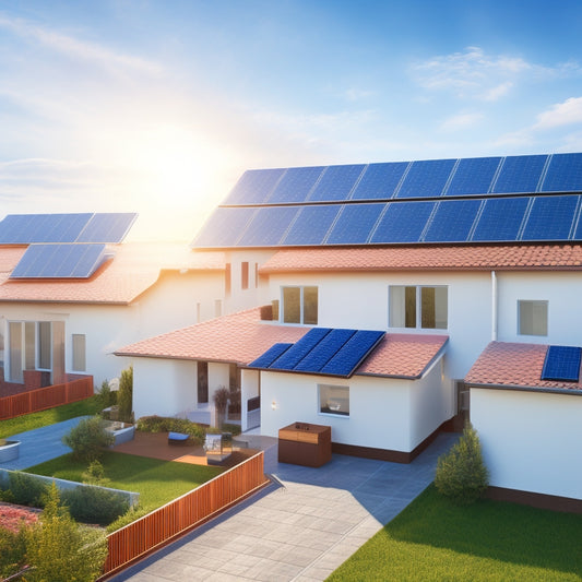 An illustration of a rooftop with three solar panel systems of different sizes, with correct sizing on a small house, oversized panels on a large house, and undersized panels on a medium house, amidst a sunny blue sky with fluffy white clouds.