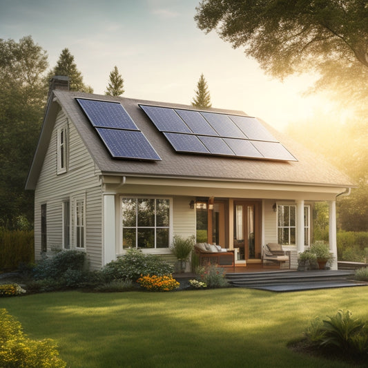 A serene suburban home with solar panels installed on its roof, surrounded by lush greenery, with a faint sun shining down and a slight reflection of the panels on a nearby window.
