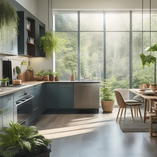 A modern kitchen featuring sleek, high-efficiency appliances, lush indoor plants, and natural light streaming in through large windows, emphasizing a sustainable lifestyle with energy-saving devices and eco-friendly materials.