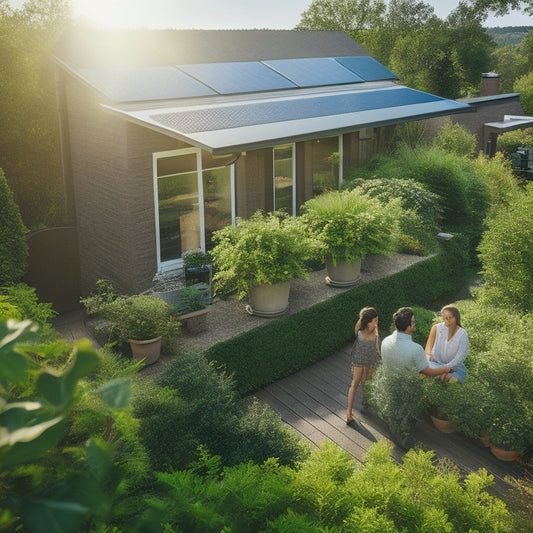 A sun-drenched rooftop adorned with sleek solar panels, surrounded by lush greenery. Rays of sunlight reflect off the panels, while a family enjoys their garden below, emphasizing harmony between technology and nature.