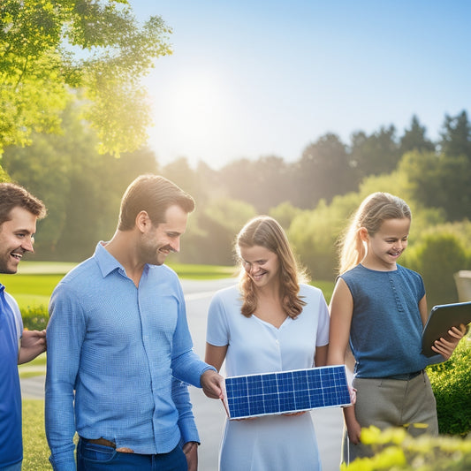 A family examining solar panels with a technician on a sunny day, highlighting the panels' sleek design and warranty documents, with a home and lush garden in the background.