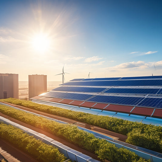 A modern business rooftop adorned with sleek solar panels, lush green plants surrounding the base, sunlight reflecting off the panels, a clear blue sky, and wind turbines in the distance, symbolizing sustainable energy.
