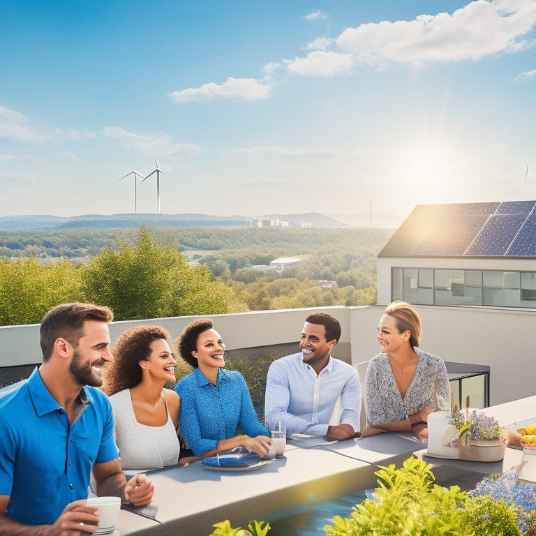 A sunlit rooftop adorned with sleek solar panels, surrounded by lush greenery. In the foreground, a diverse group of smiling people enthusiastically discussing plans, with a clear blue sky overhead and distant wind turbines visible.