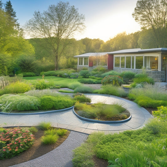 A lush garden featuring native plants, a rainwater harvesting system, solar panels integrated into a green roof, and a winding path of permeable pavers, all bathed in warm sunlight for an eco-friendly atmosphere.