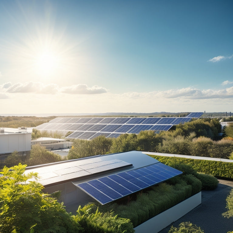 A sunlit rooftop adorned with sleek, modern solar panels, surrounded by lush greenery. In the background, a clear blue sky with fluffy white clouds, symbolizing clean energy and a sustainable future.