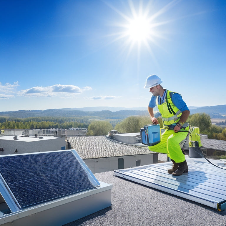 A bright, sunny rooftop with a sleek, modern house in the background, featuring a technician in a yellow vest and hard hat, holding a PV panel, with tools and equipment scattered around.