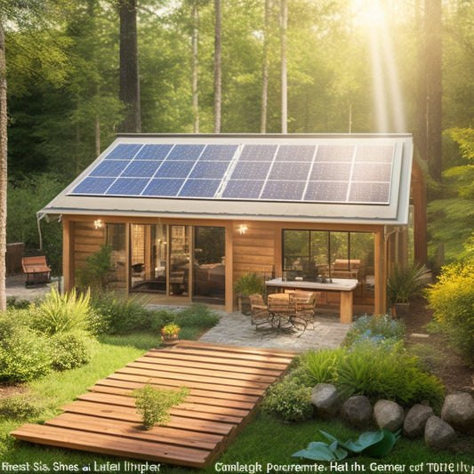 A serene backyard scene featuring a solar panel array on a rustic wooden roof, surrounded by lush greenery, tools scattered nearby, a detailed diagram of the installation process, and sunlight streaming through trees.