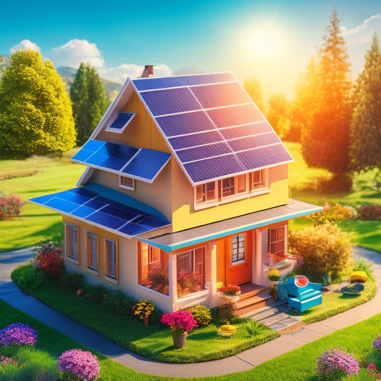 A colorful illustration featuring a miniature house with solar panels on the roof, surrounded by icons representing efficiency, durability, warranty, and budget, amidst a subtle background of sunny skies and greenery.