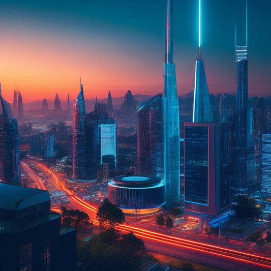 A futuristic cityscape at dusk with neon-lit skyscrapers, featuring a large, glowing blue building with a green roof, surrounded by smaller buildings with solar panels and wind turbines.