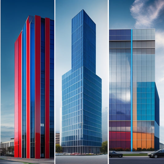 A stylized, modern illustration of a large, sleek office building in the background, with five prominent, colorful rectangular panels (each representing a top brand) in the foreground, arranged in a staggered formation.