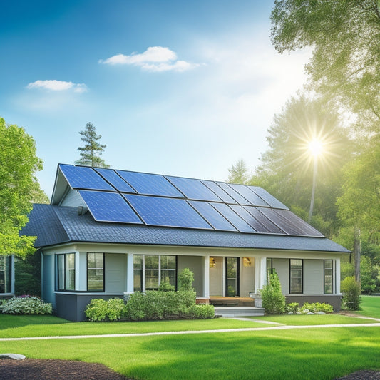 A serene suburban home with a sleek, modern solar panel array on the roof, surrounded by lush greenery and a bright blue sky with a few wispy clouds.