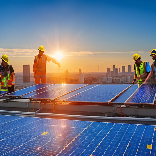 A photograph featuring a team of workers in high-visibility vests and hard hats, installing large solar panels on a vast, sun-drenched rooftop, with a cityscape in the background.