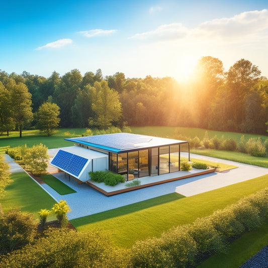 A serene landscape featuring a modern eco-friendly business with solar panels on the roof, surrounded by lush greenery, and a sleek solar storage system integrated into the building, capturing sunlight with a bright blue sky above.