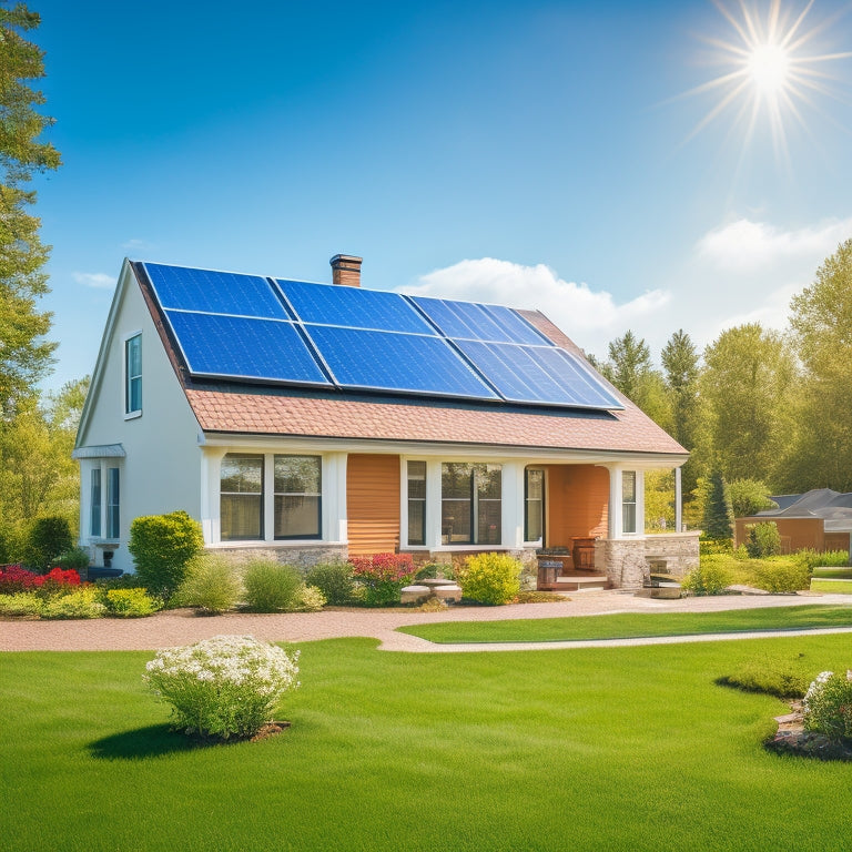 A serene suburban home with a bright blue sky, fluffy white clouds, and a few solar panels installed on the roof, surrounded by blooming greenery and a sunny lawn.