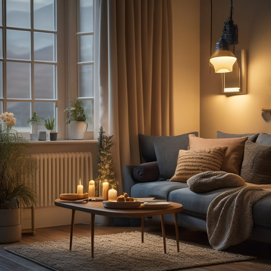 A cozy living room illuminated by soft LED bulbs, featuring a stylish floor lamp, warm-toned string lights draped across a window, and a desk with energy-efficient compact fluorescent bulbs, creating an inviting atmosphere.