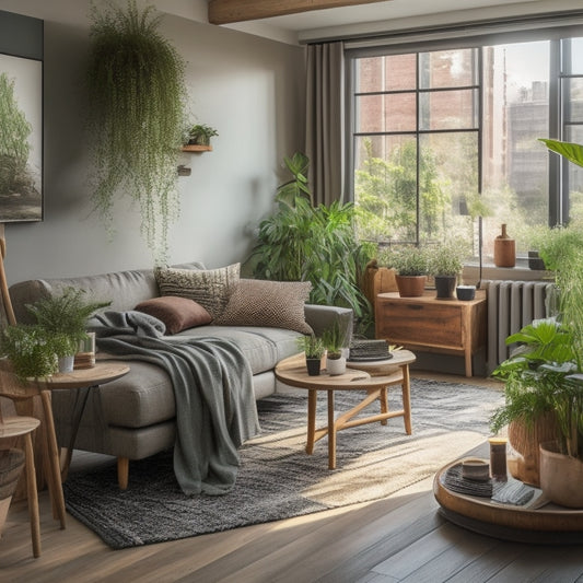 A cozy urban apartment featuring biophilic design, with lush indoor plants, reclaimed wood furniture, large windows letting in natural light, and sustainable materials like bamboo and recycled textiles, creating a harmonious green oasis.