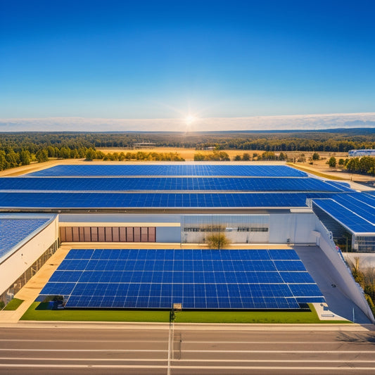 An aerial view of a commercial building with a sleek, silver solar panel array covering the entire rooftop, set against a bright blue sky with a few wispy clouds.