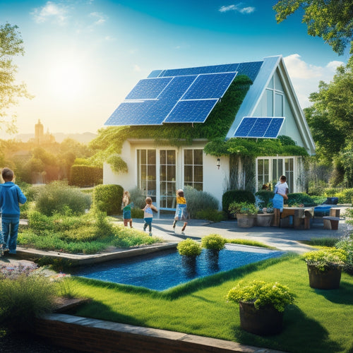 A vibrant landscape showcasing solar panels on rooftops, lush green gardens, and children playing outside, illuminated by sunlight. In the background, a clear blue sky with fluffy clouds, symbolizing clean energy and sustainable living.