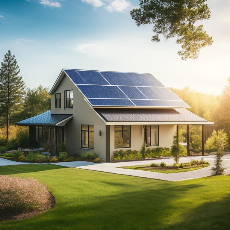 A serene suburban landscape featuring a modern home with sleek solar panels on the roof, surrounded by lush greenery, bright blue skies, and a sun shining down, symbolizing energy efficiency and cost savings.