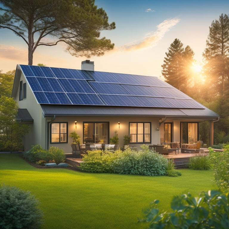 A serene suburban home with solar panels installed on its roof, surrounded by lush greenery, with a subtle sunburst in the background and a faint grid of energy consumption meters in the foreground.