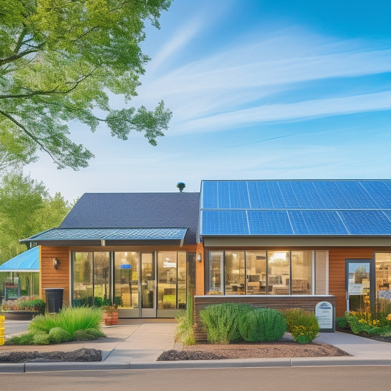A vibrant small business storefront with solar panels on the roof, wind turbines in the background, and lush greenery surrounding the building, showcasing a thriving, eco-friendly community and sustainable energy sources.