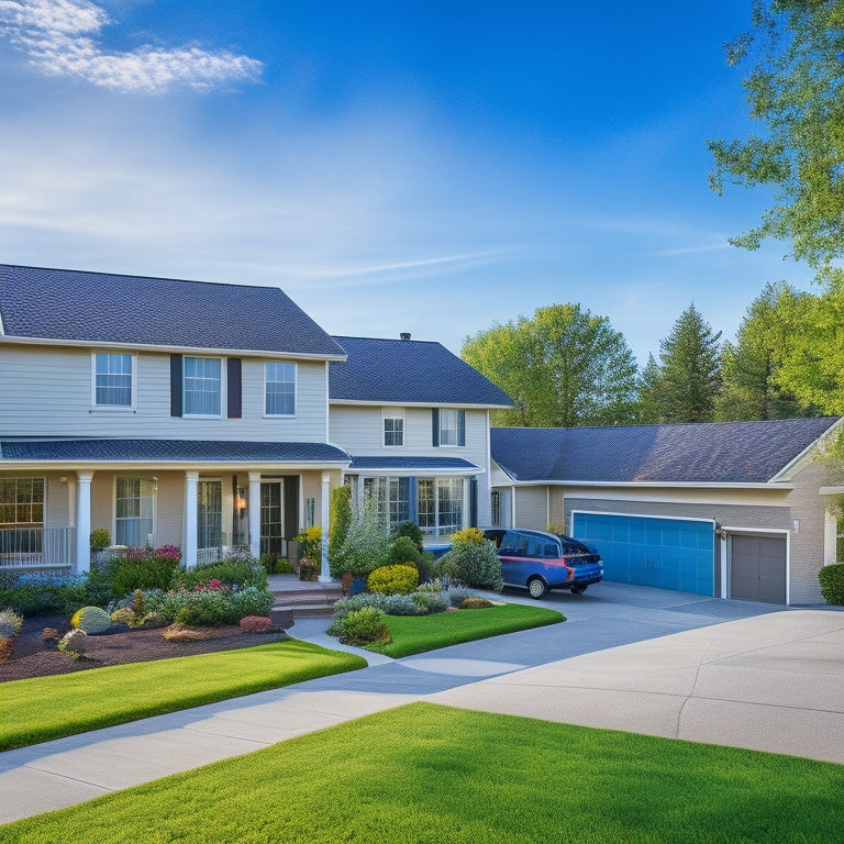 A picturesque suburban neighborhood featuring modern homes with solar panels on roofs, vibrant gardens, and families enjoying outdoor spaces, highlighting a sunny day with bright blue skies and energy-efficient vehicles parked in driveways.