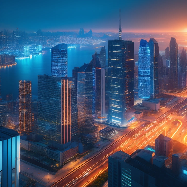 A futuristic cityscape at dusk with sleek skyscrapers, illuminated by LED lights, and a giant, glowing, 3D grid overlay, pulsing with real-time energy usage data and efficiency metrics.