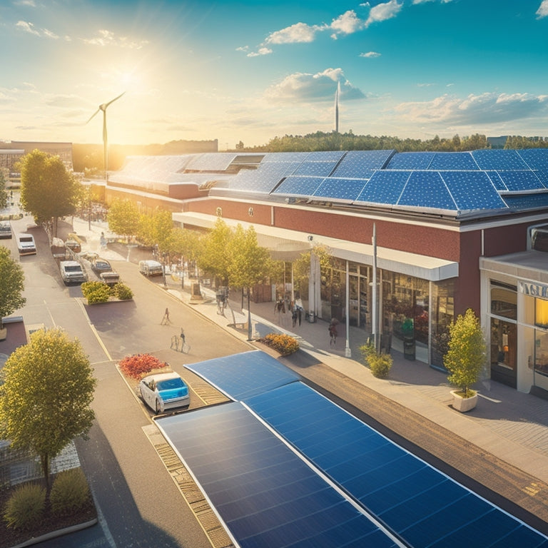 A serene, sun-drenched shopping district with solar panels integrated into rooftops, wind turbines spinning in the background, and a subtle, glowing green aura surrounding the buildings.