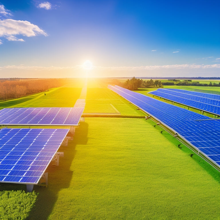 A vibrant solar farm with rows of sleek, reflective solar panels glinting under a bright sun, surrounded by lush greenery, wind turbines in the distance, and a clear blue sky.