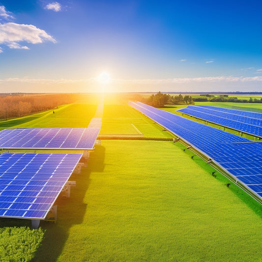 A vibrant solar farm with rows of sleek, reflective solar panels glinting under a bright sun, surrounded by lush greenery, wind turbines in the distance, and a clear blue sky.