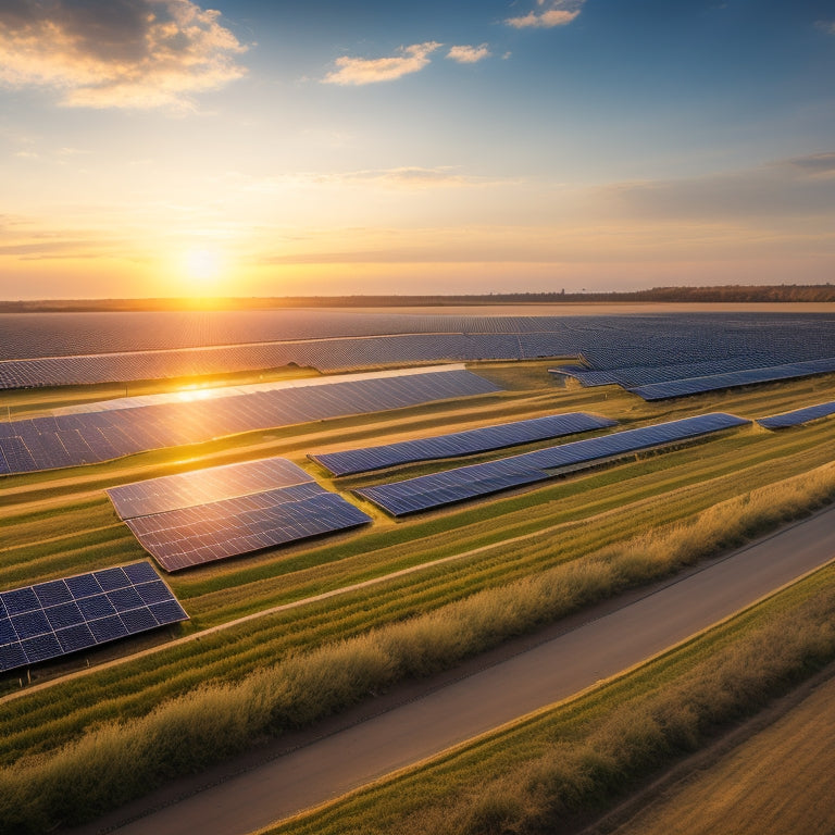 A serene landscape with rows of solar panels installed on rooftops and in a vast field, with a subtle sun shining in the background, surrounded by faint electrical wires and utility poles.