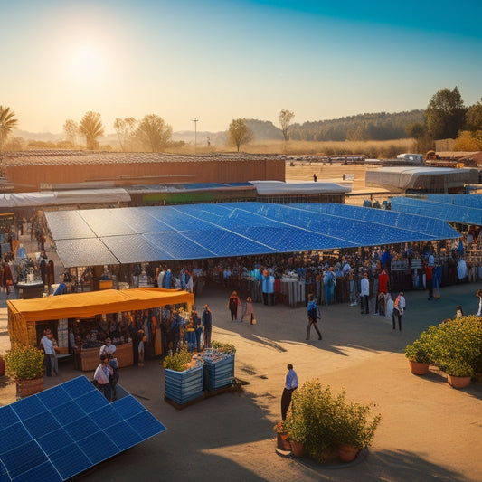 A bustling marketplace with stacks of solar panels, a group of diverse entrepreneurs examining them, bright sunlight illuminating the panels' surfaces, and a background of green landscapes and clear blue skies.