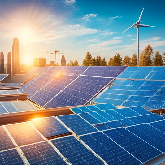 Illustration of diverse solar panels on office rooftops, with financial symbols like dollar signs, coins, and charts floating around, set against a sunny sky with beams of light highlighting the panels.