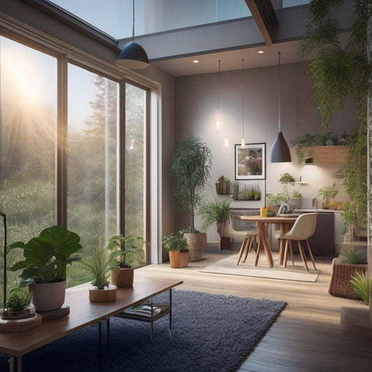 A modern, eco-friendly room illuminated by warm, energy-efficient LED fixtures, featuring large windows with natural light streaming in, plants adorning the corners, and solar panels visible outside, emphasizing sustainable architecture.