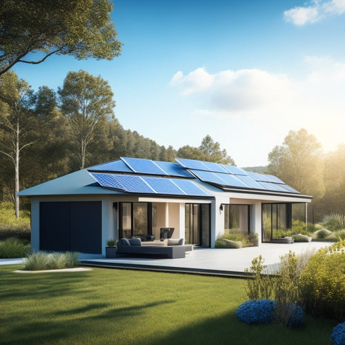 A modern home featuring sleek solar panels on a roof, surrounded by lush greenery. In the foreground, a stylish battery storage unit integrated into the landscape, with a clear blue sky overhead.