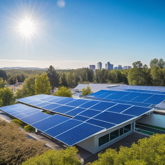 A vibrant rooftop adorned with solar panels, basking under a clear blue sky, surrounded by green trees, with a modern office building in the background, symbolizing sustainability and economic growth through solar energy.