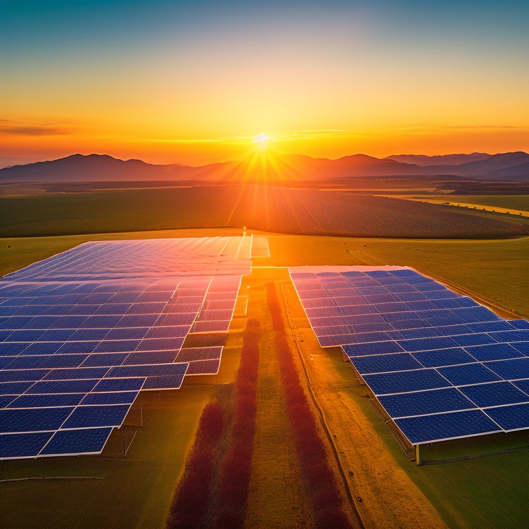 A dramatic, high-angle shot of a sprawling solar farm at sunset, with rows of large, sleek solar panels stretching towards the horizon, surrounded by rolling hills and a few wind turbines in the distance.