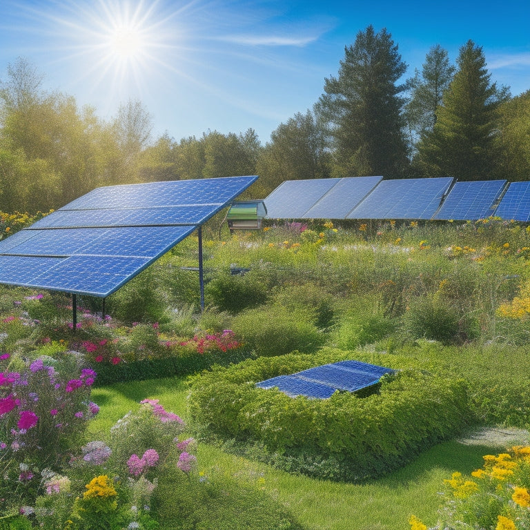 A sunlit garden filled with various solar panels, vibrant green plants, and an eco-friendly shopping cart. Display diverse panel types, like monocrystalline and polycrystalline, amidst colorful flowers and a clear blue sky.