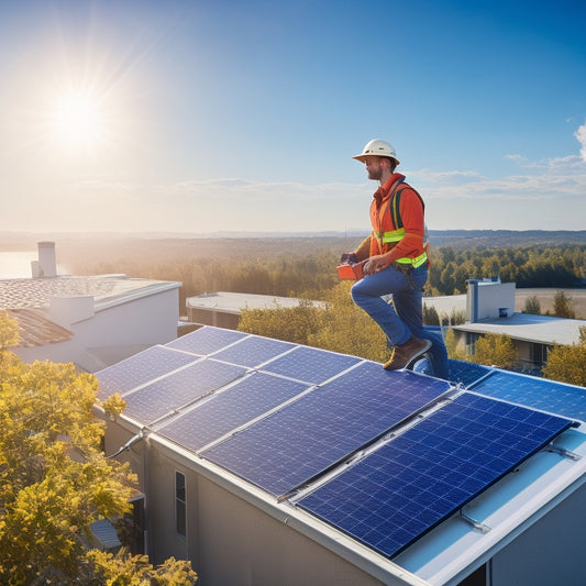 A sunlit rooftop adorned with sleek solar panels, surrounded by lush greenery, with a technician in a safety harness installing a panel, showcasing a bright blue sky and a modern home in the background.