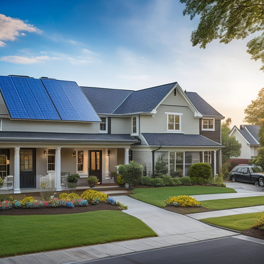 A serene residential street with a mix of traditional and modern homes, featuring various solar panel installations, with a subtle grid pattern in the background to represent cost calculations.