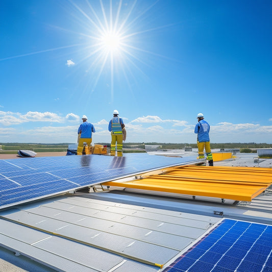 A bright blue sky with a few puffy white clouds, a commercial building with a sleek, modern design, and a team of 3-4 professionals in yellow vests and hard hats installing shiny solar panels on the rooftop.