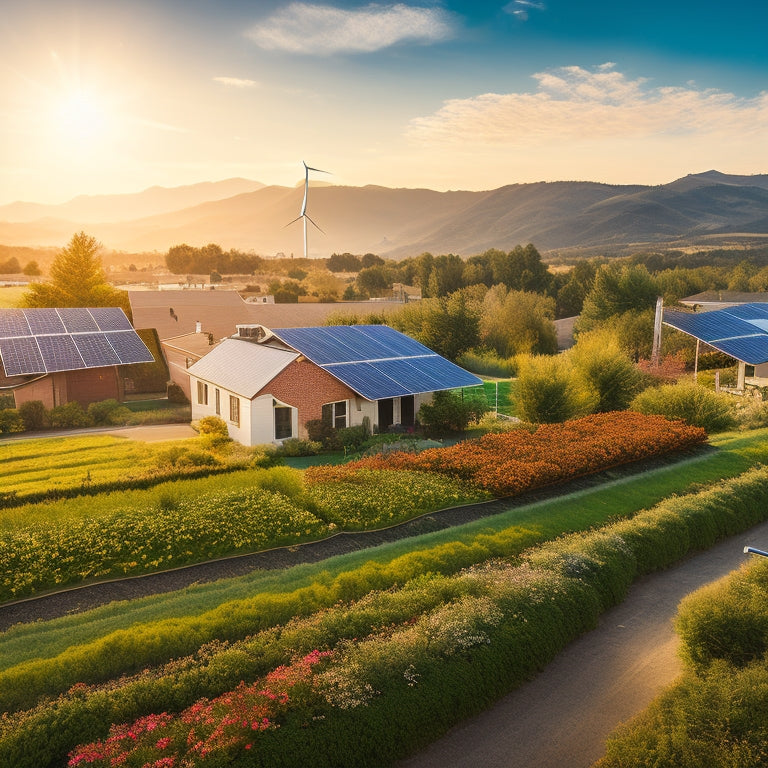 A vibrant landscape featuring solar panels on rooftops, wind turbines on rolling hills, lush greenery, and a small community garden, with people engaging in sustainable practices, all bathed in warm, golden sunlight.