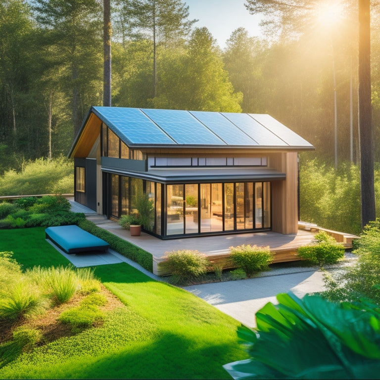A modern eco-friendly home featuring solar panels integrated into a green roof, surrounded by lush greenery, with bamboo siding and large windows reflecting sunlight, showcasing sustainable architecture harmoniously blending with nature.